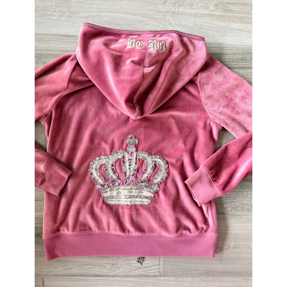 VTG Y2K BCBG Pink Velour Hoodie Sequin Crown McBling Bling Jacket M